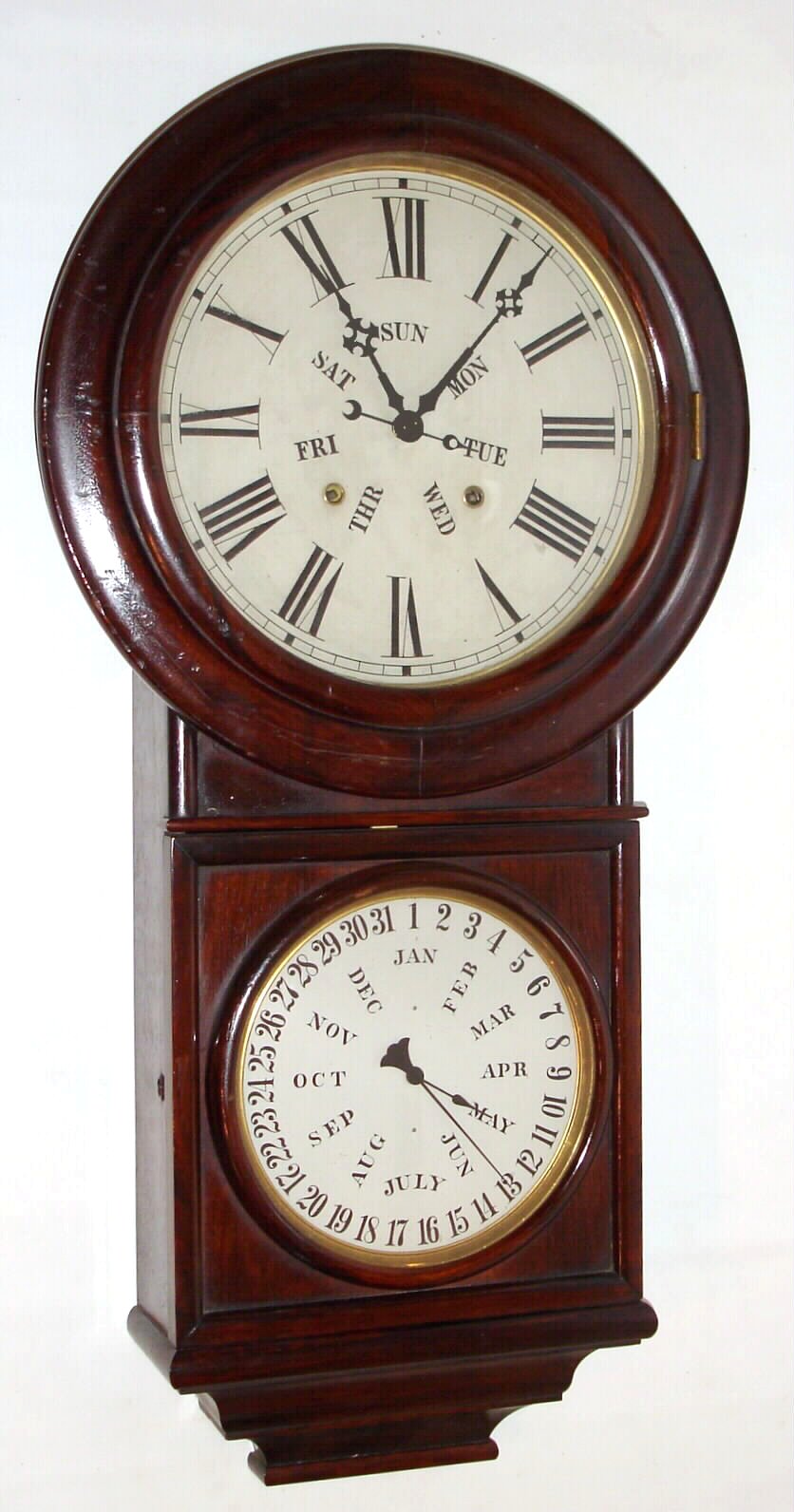 Welch, Spring and Co., "No. 4 Round Head Regulator", 8 day time/strike double dial calendar wall clock, spring movement c.1878. — Antique Clocks Price Guide