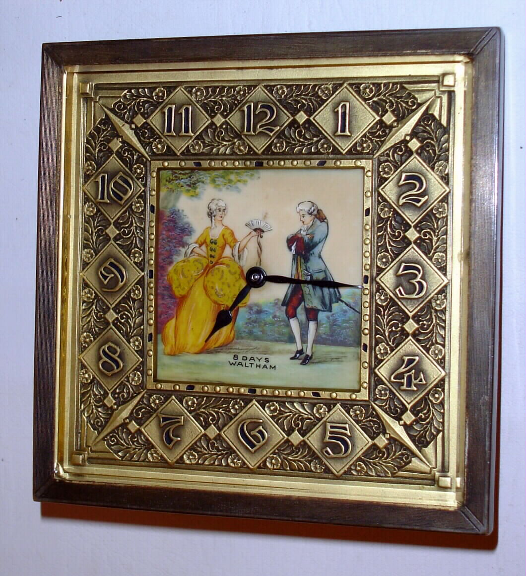 Waltham Watch and Clock Co., 8-day Art Deco desk timepiece with a painted panel in center of dial, c1930 — Antique Clocks Price Guide