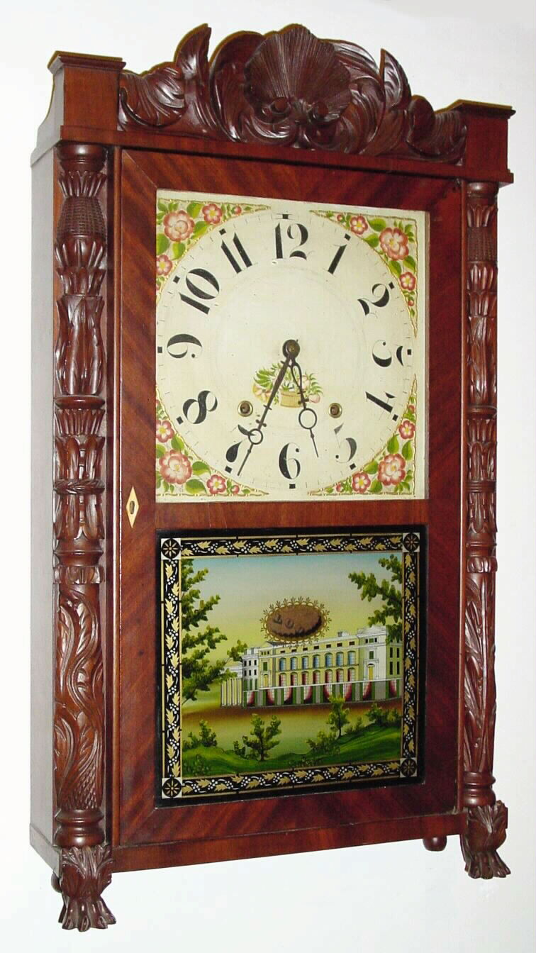 Eli Terry and Son, Plymouth, Conn, short drop mahogany carved case, 2 weights, wooden works, c1832 — Antique Clocks Price Guide