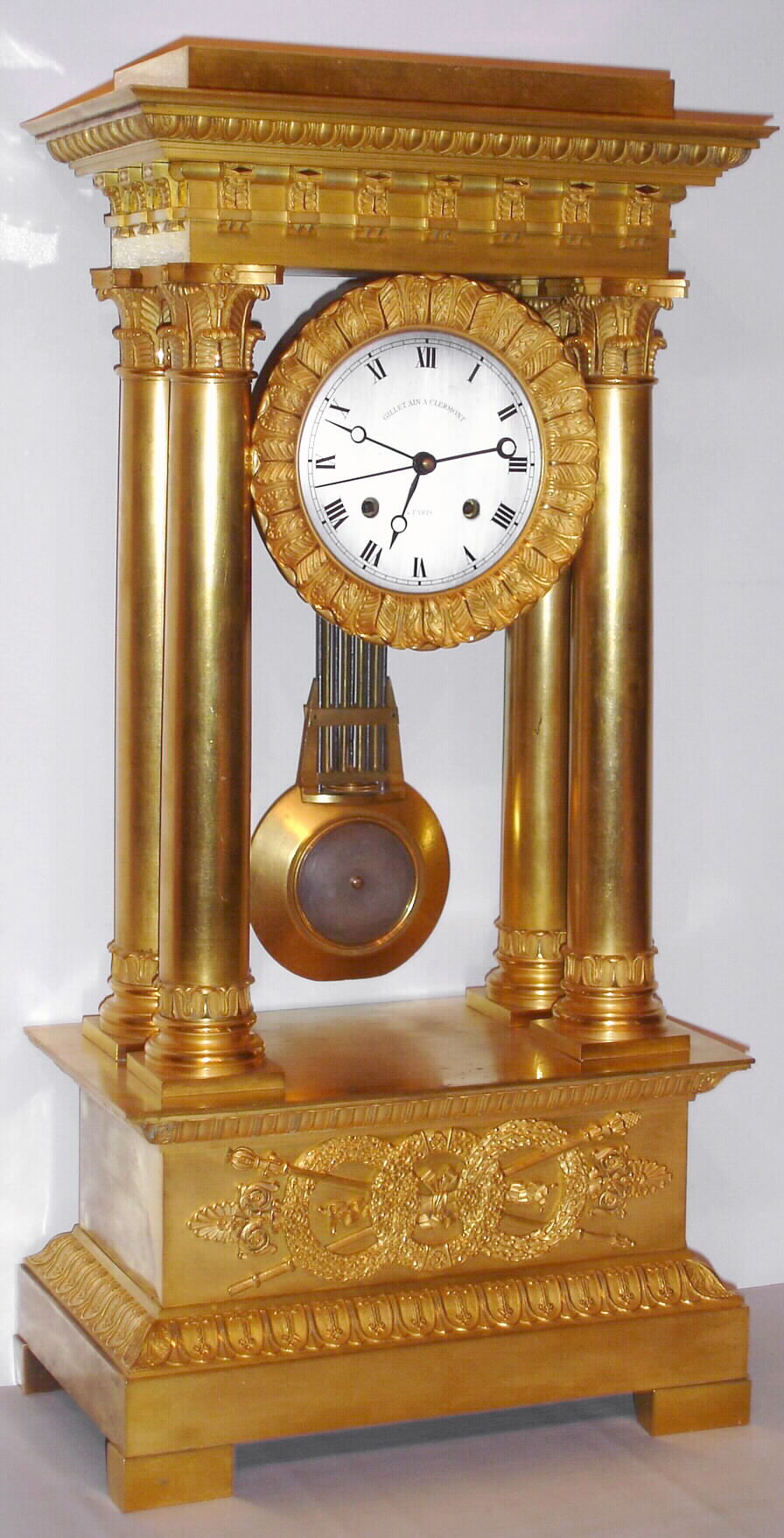 French, Gillet Ain A Clermont, Paris, four column Empire mantel clock in bright ormolu case with well made spring driven pinwheel movement and count wheel strike, c1860 — Antique Clocks Price Guide