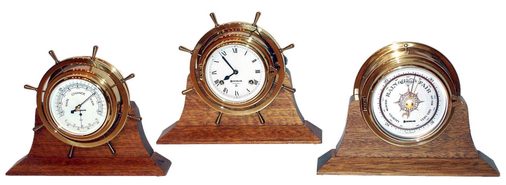 Three pieces- Benchmark German 8 day ship's bells clock and barometers modern lot, late 20th century — Antique Clocks Price Guide
