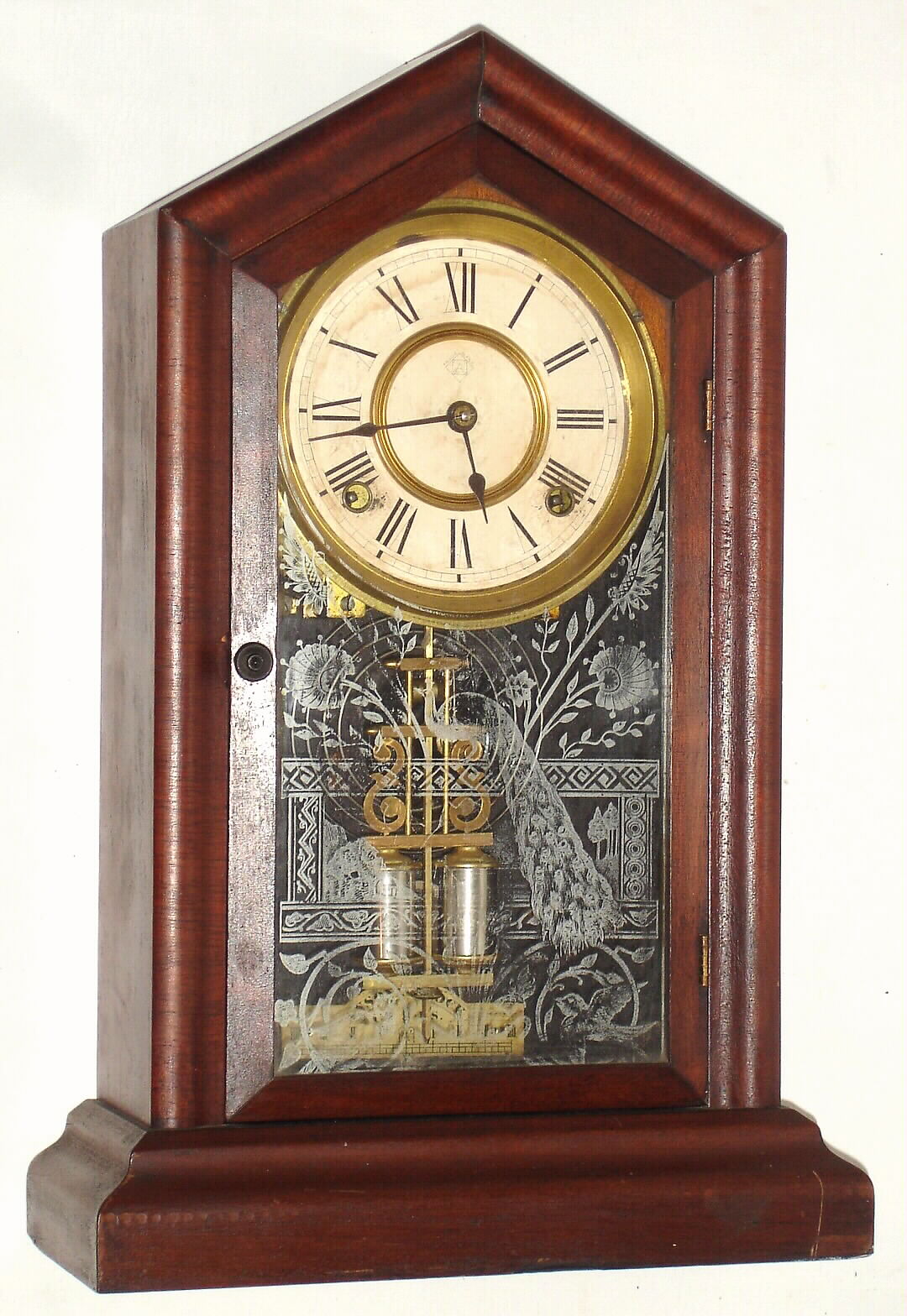Ansonia Clock Co., New York, "Spartan" mantel clock 8 day time and strike spring driven movement in walnut case, c1883 — Antique Clocks Price Guide