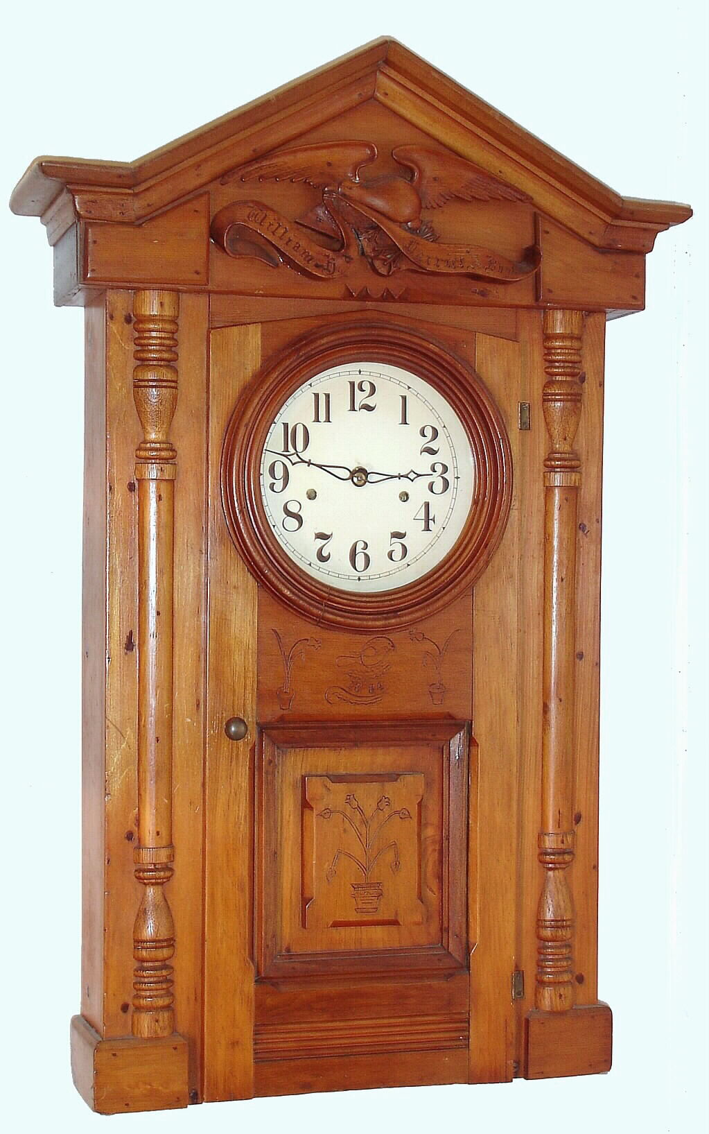 E.N. Welch 8 day time and strike weight driven shelf clock in hand made carved pine case, dated 1884 — Antique Clocks Price Guide