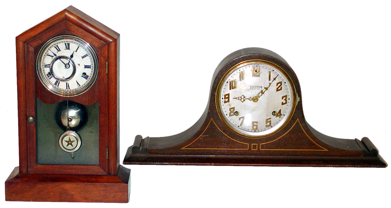 Two Connecticut time and strike mahogany mantel clocks including a Seth Thomas "New Orleans" and an Ingraham "No. 2 Tambour". — Antique Clocks Price Guide