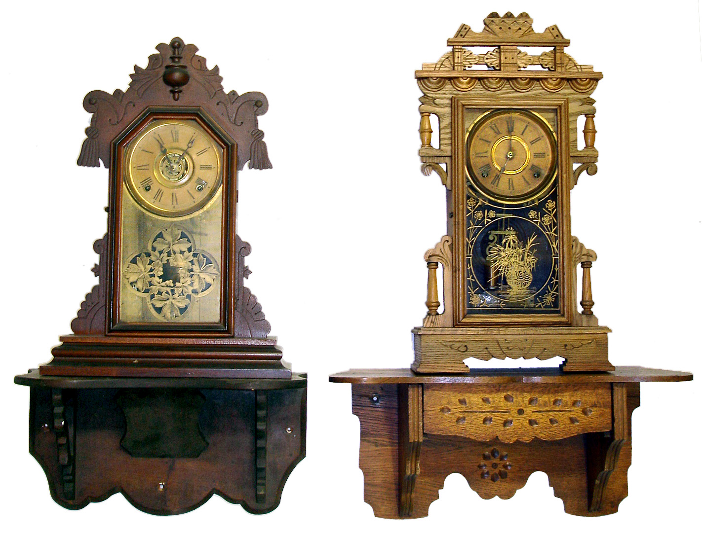 Two Connecticut 8 day time and strike parlor clocks with wall shelves, Ansonia and Ingraham, and one small Junghans German wall clock, c1890 — Antique Clocks Price Guide