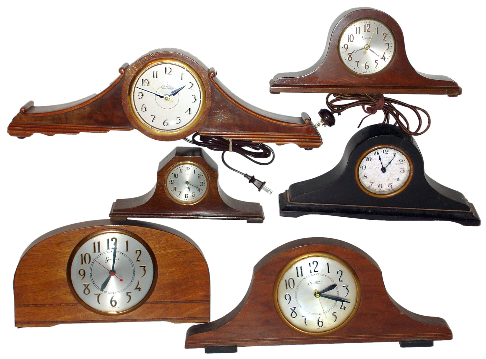 Seven Connecticut small wooden tambour clocks, Sessions and Ingraham, 20th century. — Antique Clocks Price Guide