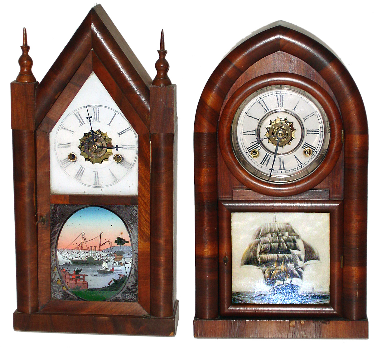 Two Connecticut time and strike mahogany shelf clocks, Gilbert and Waterbury, c1880. — Antique Clocks Price Guide