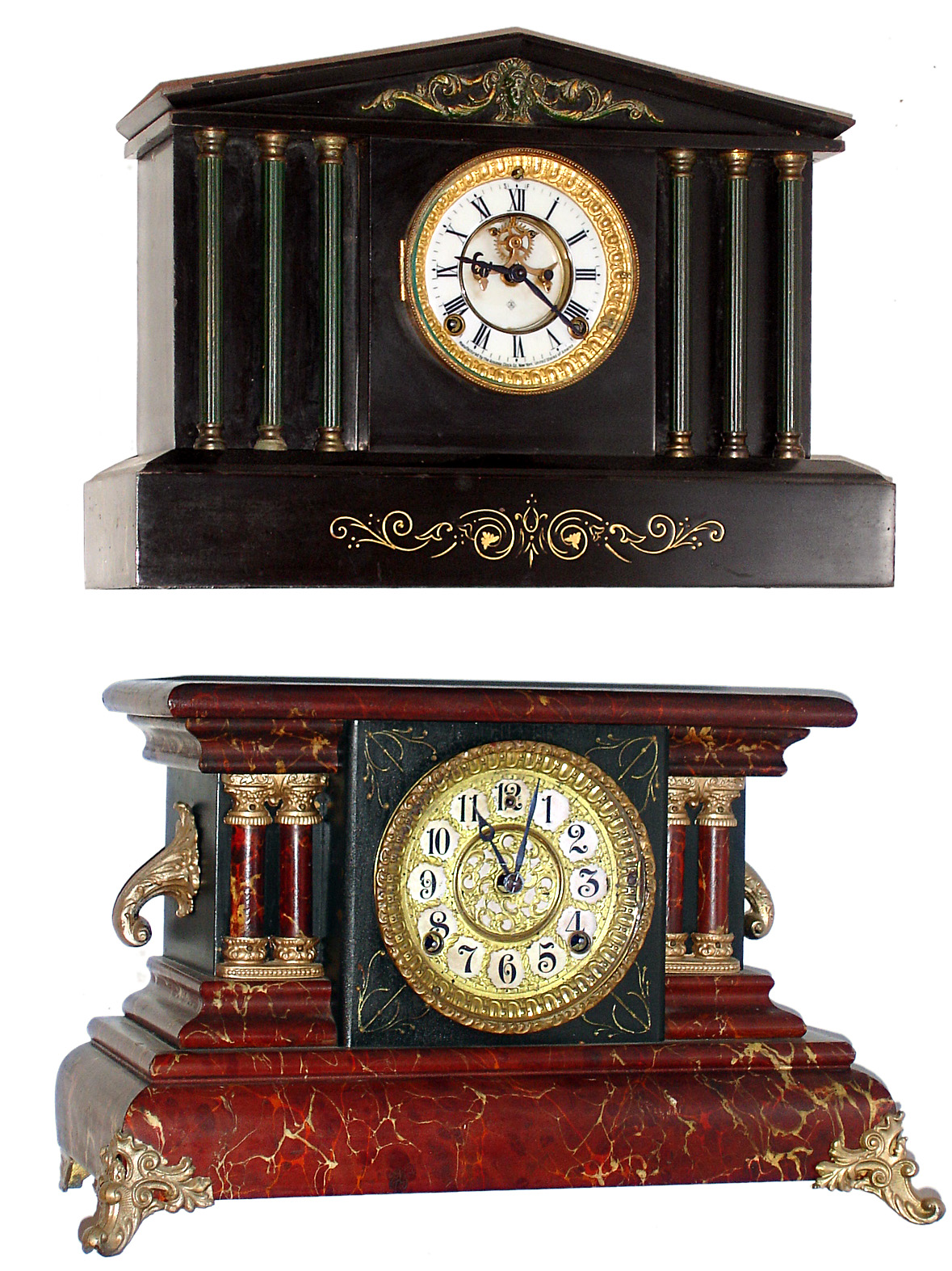 Two Connecticut painted 8 day time and strike mantel clocks, Ansonia and Gilbert, late 19th century. — Antique Clocks Price Guide