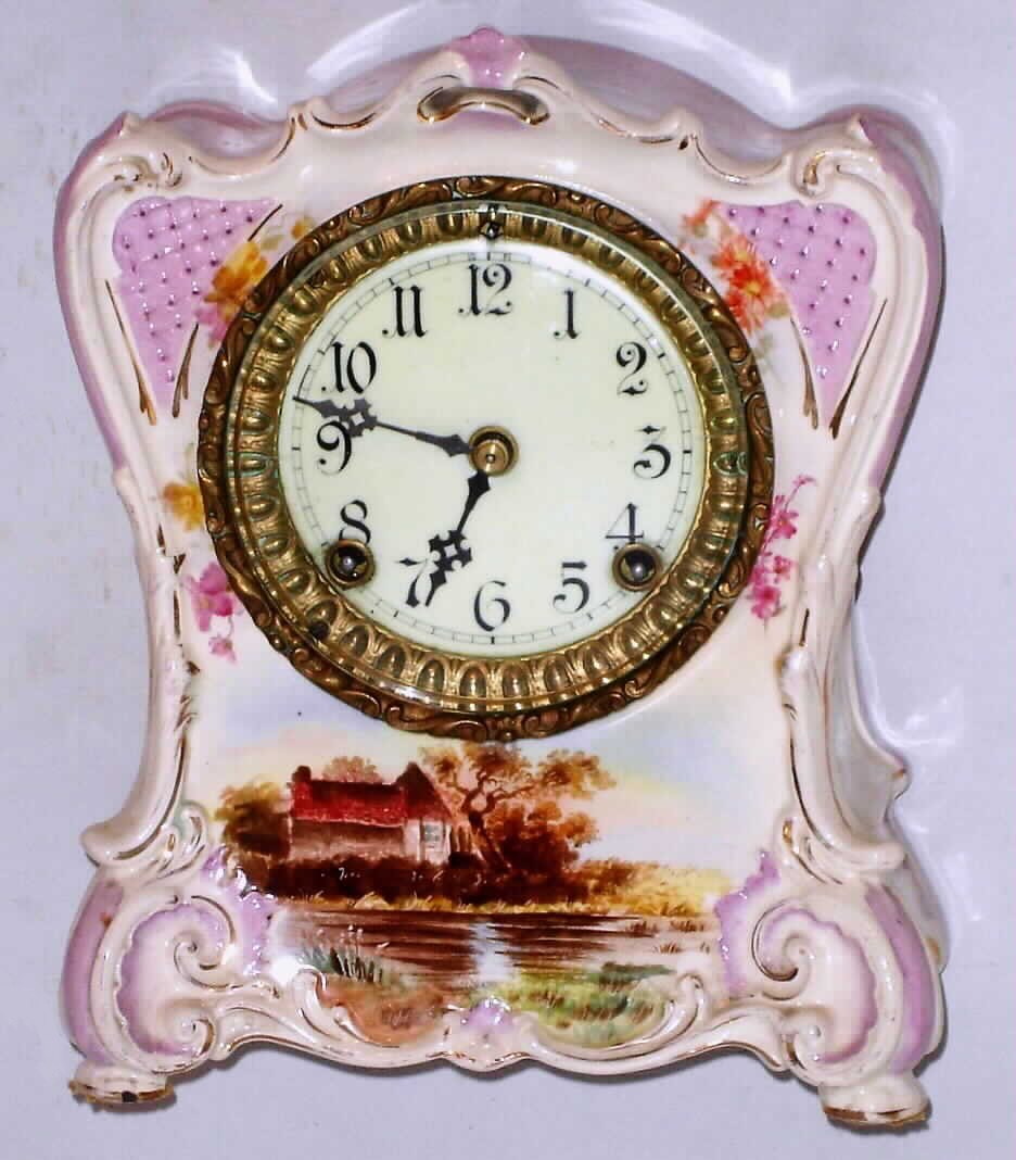 Ansonia Clock Co., New York, La Charite Royal Bonn 8 day time and strike porcelain mantel clock, c1905. — Antique Clocks Price Guide
