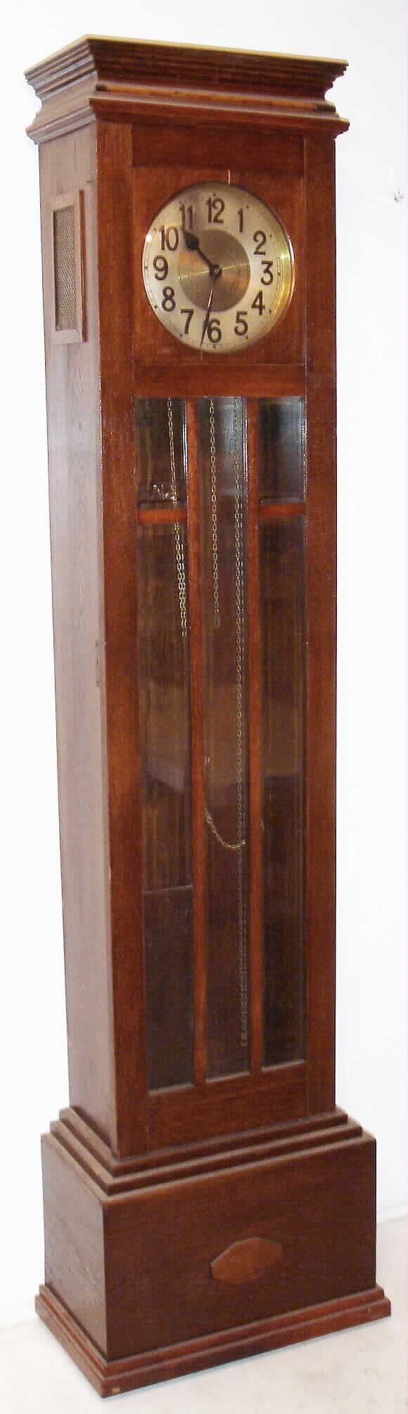 German tall clock 8 day time and strike weight driven movement in oak case with six beveled glass panels and brass dial, c1920 — Antique Clocks Price Guide