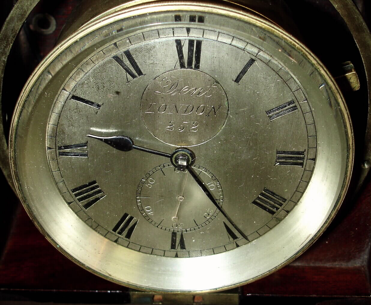 Dent, London, No. 252 marine chronometer, two day duration movement with spring detent escapement in gimbaled mahogany box, c1830 — Antique Clocks Price Guide