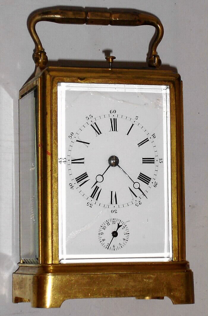French repeating 8 day time/strike/alarm brass and glass carriage clock, c1870. — Antique Clocks Price Guide