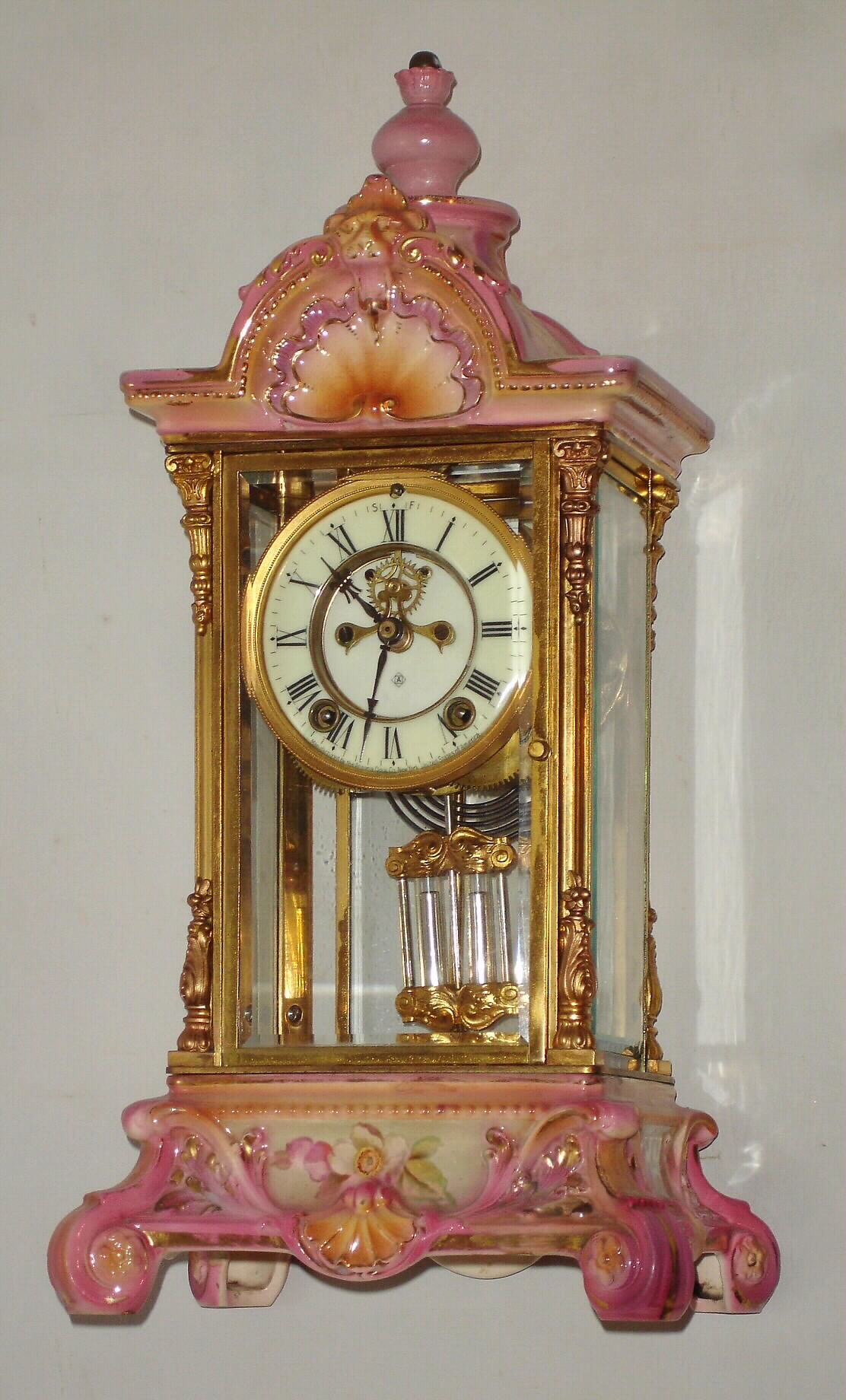 Ansonia Clock Co., New York, "Porcelain Regulator No. 4" 8 day time and strike spring driven crystal regulator mantel clock, c1914 — Antique Clocks Price Guide