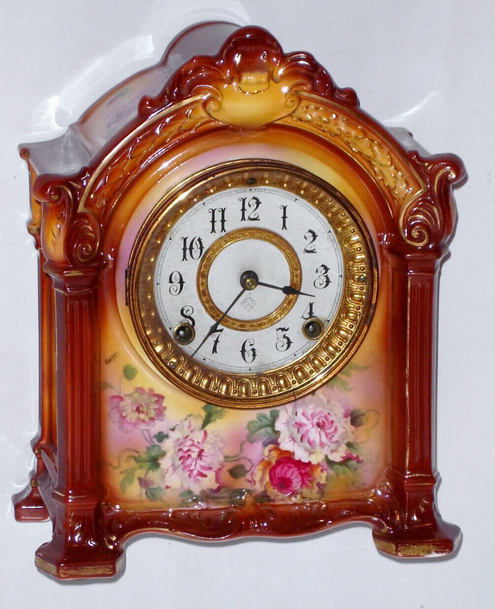 Ansonia Clock Co., "La Savoie" Royal Bonn 8 day time and strike spring driven porcelain mantel clock, c1914 — Antique Clocks Price Guide