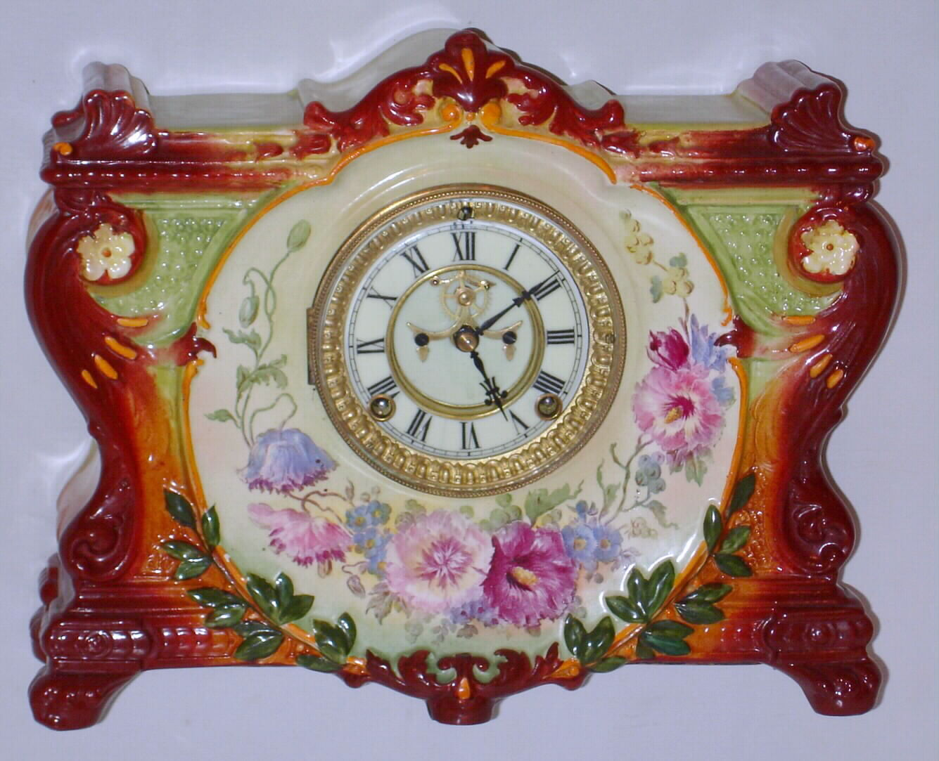 Ansonia Clock Co., New York, "La Vinda" Royal Bonn 8 day time and strike spring driven porcelain mantel clock, c1901 — Antique Clocks Price Guide