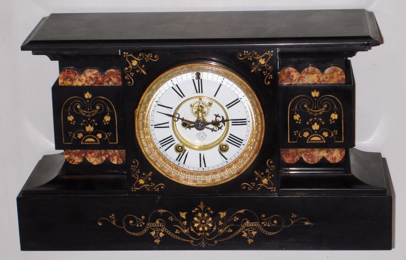 Ansonia Clock Co., New York, mantel clock slate and marble 8 day time and strike, c1904 — Antique Clocks Price Guide