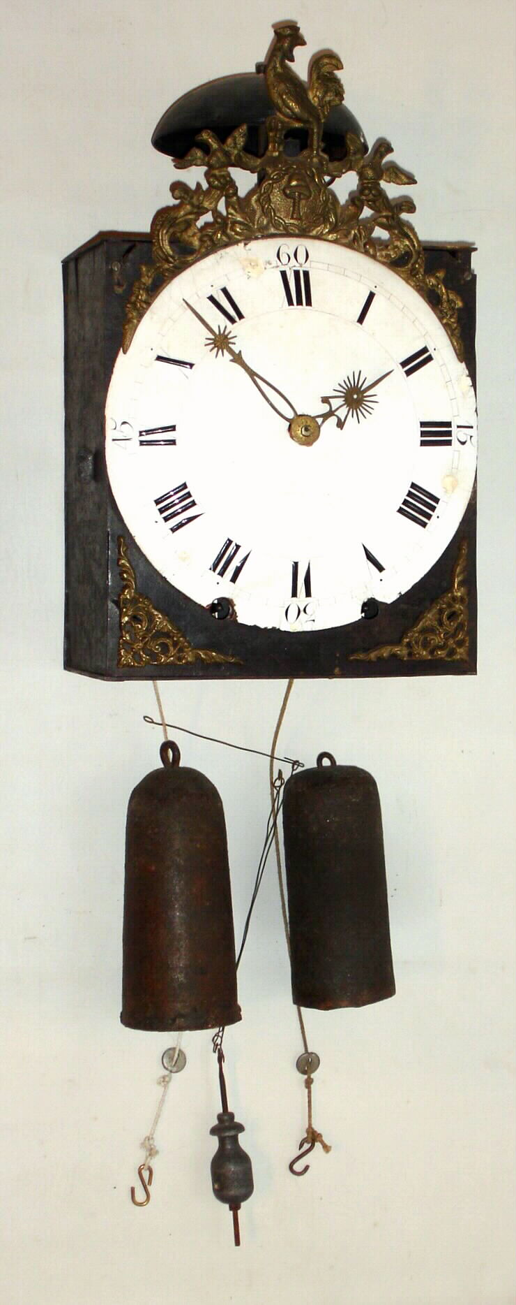 Comtoise Morbier French, longer running time and strike weight driven movement (five wheels in time train) for tall case with dial and iron weights, c1800 — Antique Clocks Price Guide