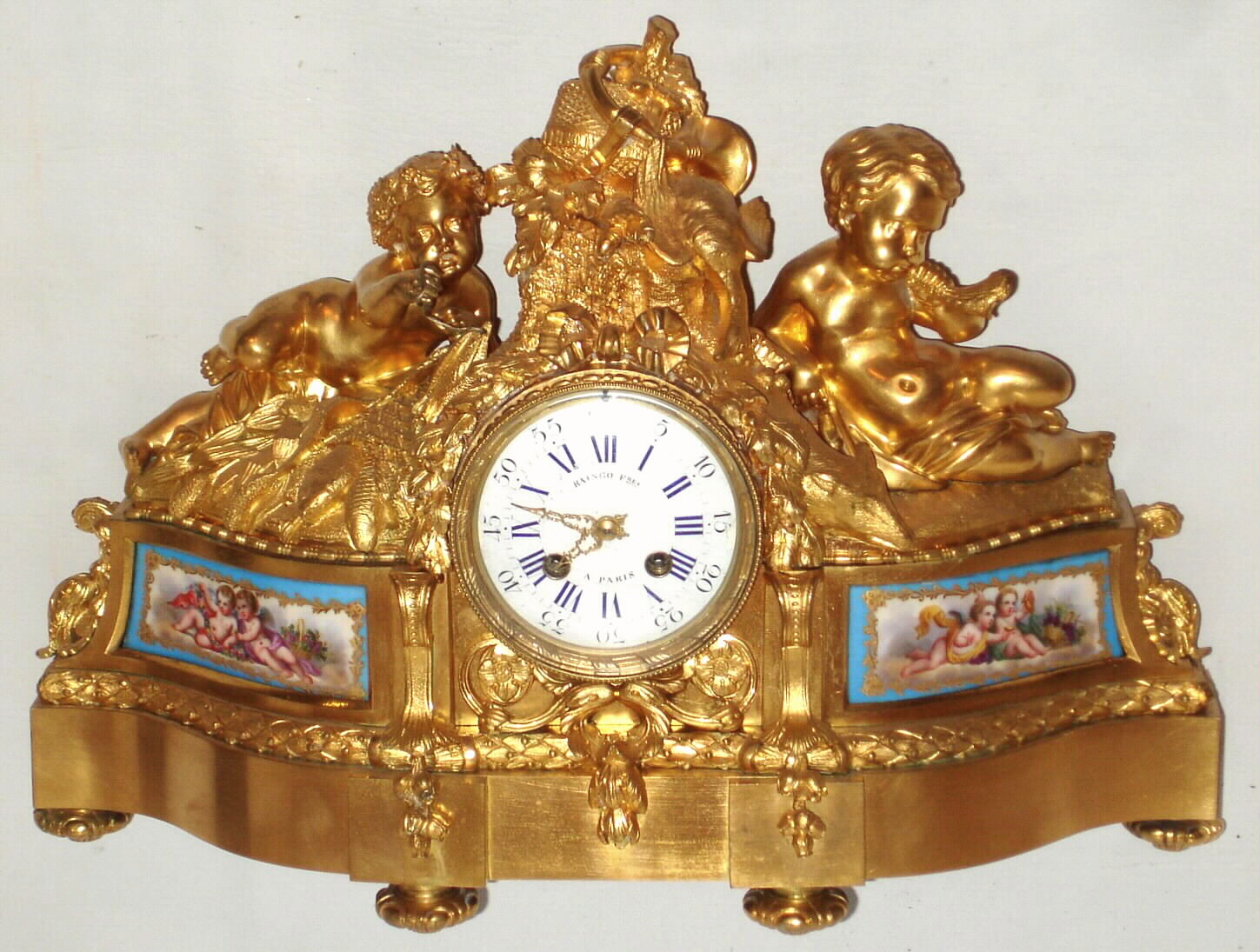 French, Raingo Freres A Paris, gilt figural 8 day time and strike spring driven mantel clock, c1870 — Antique Clocks Price Guide