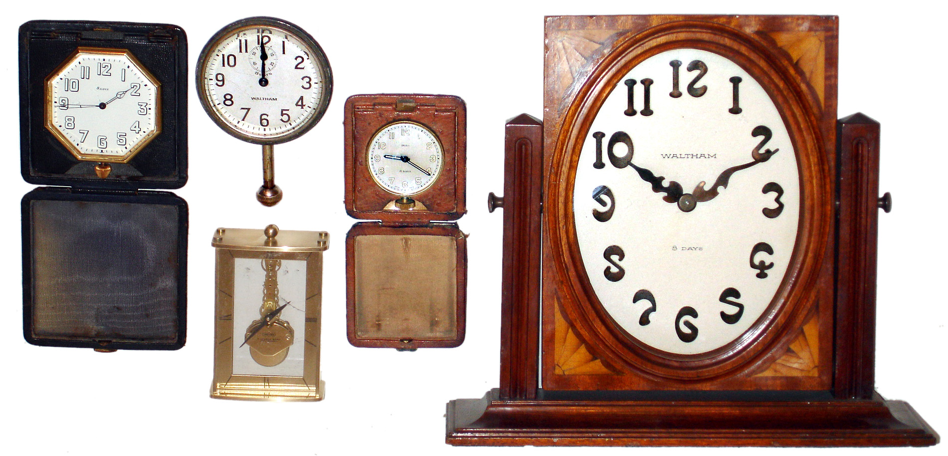 Five desk, travel and auto 8 day time only balance wheel clocks, 20th century — Antique Clocks Price Guide
