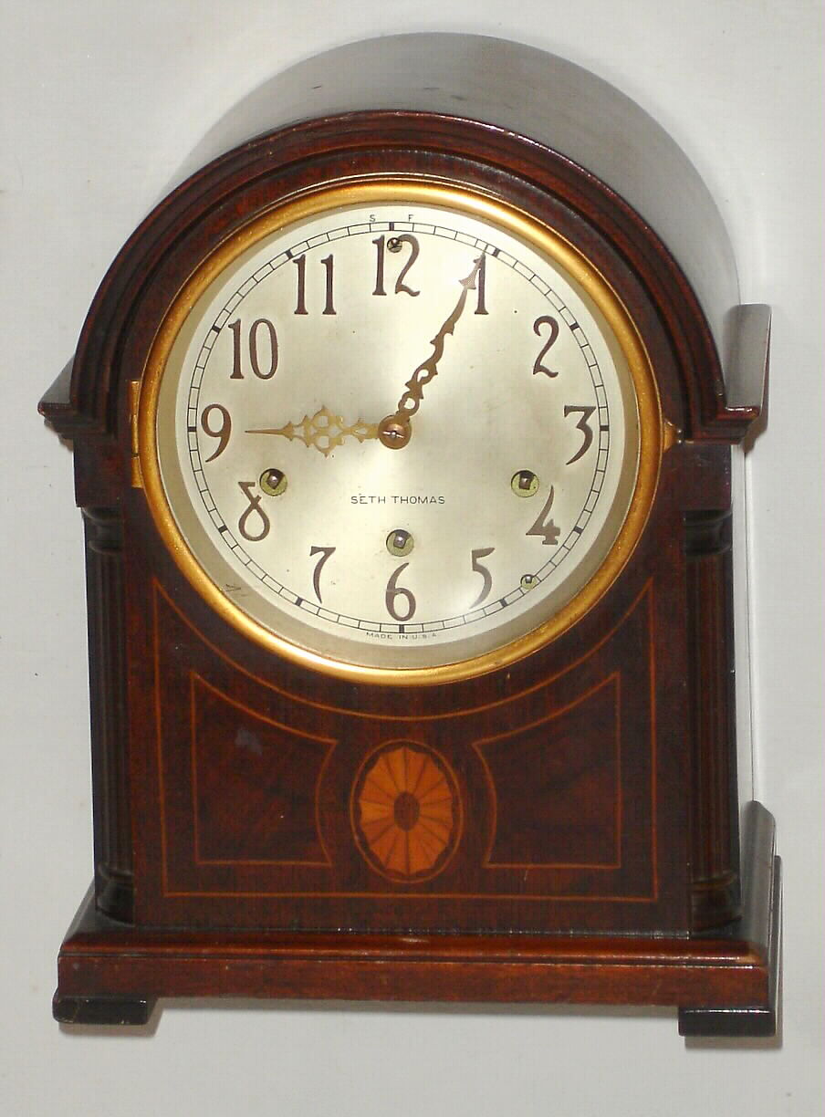 Seth Thomas Clock Co., Thomaston, Conn., "Chime Clock No. 53" 8 day spring driven quarter chime mantel clock in mahogany case, c1925 — Antique Clocks Price Guide