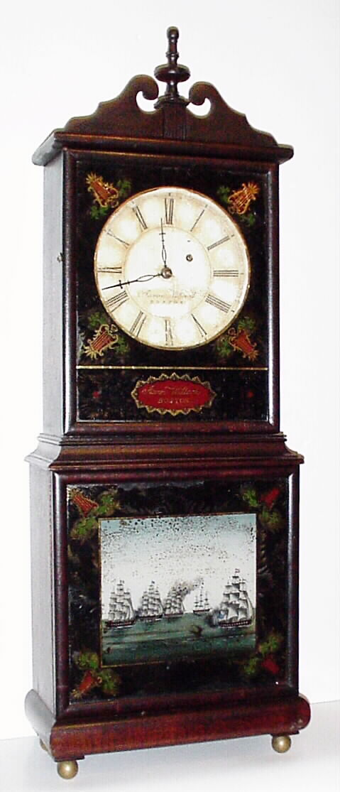 Reproduction Aaron Willard Massachusetts shelf clock 8 day time only weight driven movement in a well made mahogany case with dished painted metal dial and reverse painted tablets, c1970 — Antique Clocks Price Guide