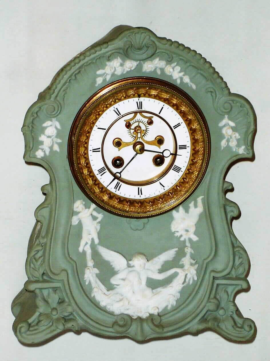 French Wedgewood porcelain cased 8 day time and strike spring driven mantel clock, c1890 — Antique Clocks Price Guide