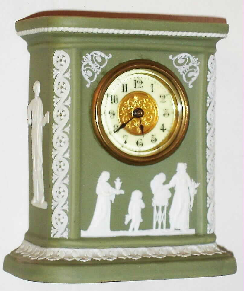 English Wedgewood porcelain cased novelty clock with a British United Clock Co. 30 hour rear wind time only movement, c1910 — Antique Clocks Price Guide