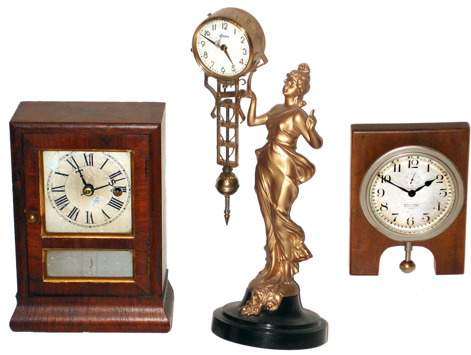 Three clocks: Seth Thomas 30-hour cottage timepiece; Waltham 8-day 1919 car clock; Linden Japanese swinger. — Antique Clocks Price Guide