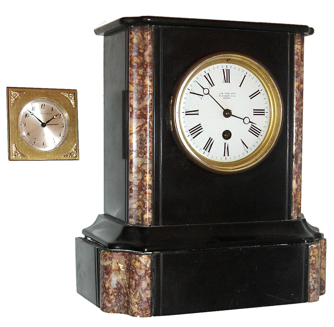 Two European clocks- French slate/marble 8-day time only spring driven mantel clock c1900 and a Altman and Co. Swiss 8 day travel clock with alarm c1940 — Antique Clocks Price Guide