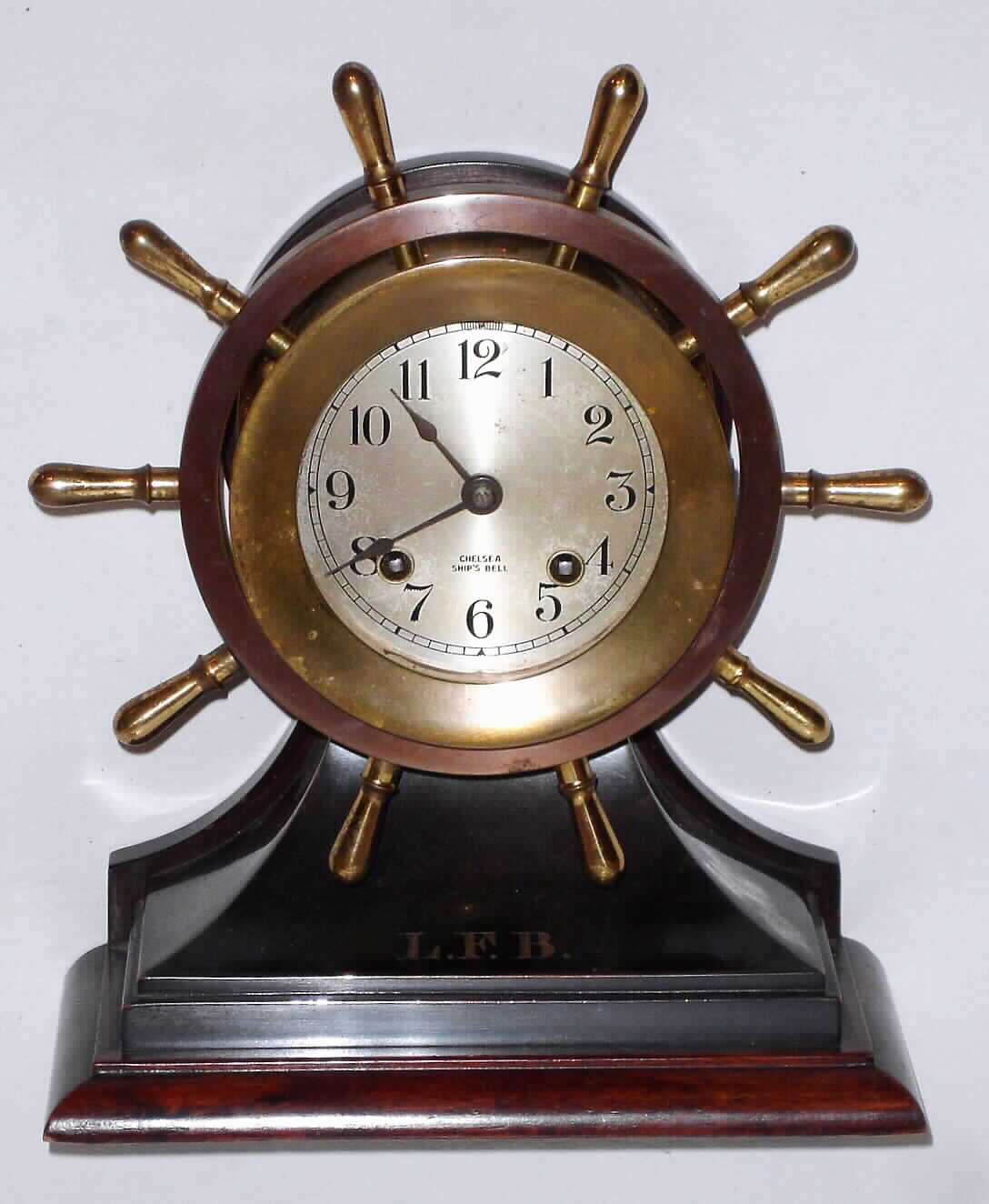 Chelsea Mariner 3.75" brass, bronze and mahogany 8 day spring driven ship's bells mantel clock, c1945 — Antique Clocks Price Guide