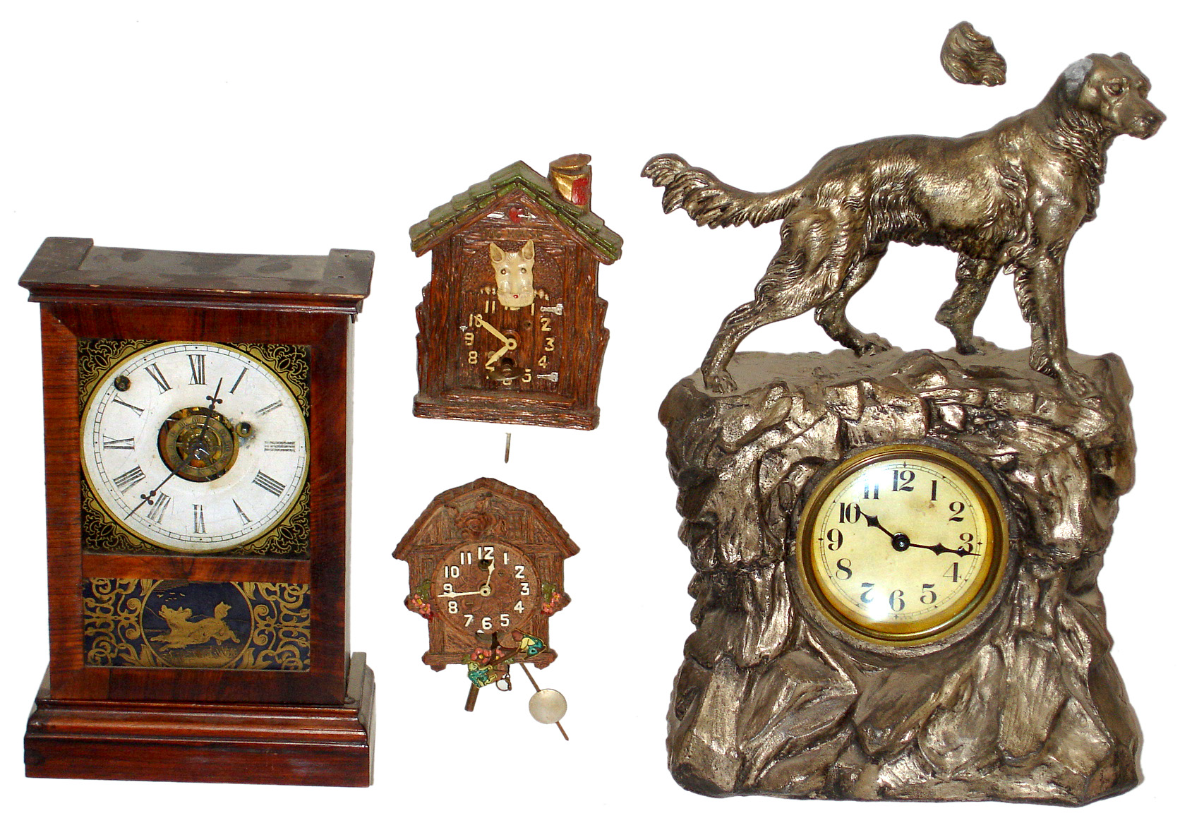 Four old dog-related 30-hour clocks. — Antique Clocks Price Guide