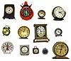 Thirteen wind-up alarm clocks. Makers include Ironclad, Junghans (with music box base), Jerger, New Haven, Westclox, "Lester Maddox", etc.