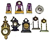 Seven novelty clocks. Includes N. Muller No. 170 (Terry?) iron case, two ball heads, Seth Thomas cartel, Eco Magneto Clock Co. Boston watchman's clock, Waterbury birdhouse, and 3-piece painted China set with farm and horses image.