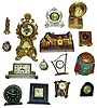 Fifteen small clocks. Varied lot includes 'modern' annular with calendar, Deluxe Clock Co. "Homestead", owl novelty, Waltham Deco desk clock, mini anniversary, Ansonia mini drum, lighter clock, brass globe, Seth Thomas "Duplex", Elgin easel, Deco Heartbeat, Big Ben, etc.