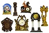 Seven novelty clocks. Includes long case bank (not functional clock), hand painted China, Gibraltar NRA workers, crystal column, and woman holding clock and two lights.