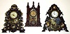 Three large Connecticut 8-day iron fronts Highly decorative. 2 with American Clock Co. inside labels, other has Bradley and Hubbard dial.