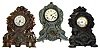 Three large Connecticut 8-day iron fronts 2 with American Clock Co. inside labels. Each with bold human figurals. Largest 19" tall.