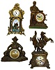 Four large cast-metal novelty clocks. Two are United Clock Co. -- FDR with animated arm on dial, other is Will Rogers. One has nice painted enamel front panel. Nicest with bronzed finish and rearing horses is 17" high.