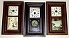 Three ogee 30 hour weight driven shelf clocks with green dial spandrels- a Waterbury, an Ansonia and the last unidentified with only label remnants but best glass showing colorful peacock. All about 26" high