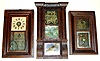 Three Connecticut weight driven shelf clocks, incomplete. Smallest is 30 hour Sperry and Shaw OG with pretty floral tablet but bare zinc dial plate. Middle is Duhme and Co., Cincinnati 8 day OG with built-in alarm, no glasses. Largest is Waterbury column and cornice with big 8-day strap movement, no dial or label, 33" high.