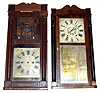 Two wooden works 30 hour weight driven shelf clocks. One is Chauncey Boardman with very nice painted dial and stenciled columns; mirror tablet is newer. Other is Burr and Chittenden, Lexington, Mass., lower glass now clear (and dial below to show movement). Both about 35" tall.