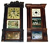 Two 8 day weight driven shelf clocks. Cornice top is Birge and Peck with partial train label and two nice glasses (although upper Baltimore Cemetery tablet probably newer). Carved top is by Peck and Hayden, St. Louis, Missouri, nice gold dial and mirror insert, 36" tall.