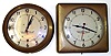 Two large Western Union Self Winding Clock Co. gallery clocks. Electrically wound movements leased to distribute standard "Naval Observatory Time". Sweep seconds, one square case, one round, 14" dials.