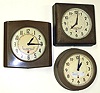Three Western Union Self Winding Clock Co. gallery clocks. Electrically wound movements. These clocks were leased for distribution of standard "Naval Observatory Time". One square (no glass), one round, one unusual square with reeded sides and slightly pointed top and bottom. 11" dials.
