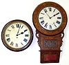 Two English 8 day wall clocks. Dial clock has robust fusee movement, 14.5" overall diameter. Inlaid Anglo American has nice New Haven inside paper label, 29" high.