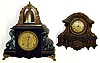 Two 8 day Connecticut mantel clocks. Smaller is scarce cast metal George B. Owen with wooden back and legible label. Gilbert "Curfew" retains bold marbleizing 17" tall.