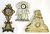 Three Continental novelty clocks. Two are white plaster castings with small pin pallet movements. Largest polychrome heavy cast metal has a quality Lenzkirch time only movement with tic-tac pendulum, 14" tall.
