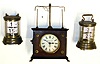 Three Horolovar reproduction German 30 hour novelty clocks. Two are modern versions of Plato flip card timepieces with 7 jewel bottom wind movements, 6" tall. Flying ball pendulum clock, with Jerome and Co. 1883 dial, is 10" tall.