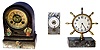 Three small clocks, mixed lot. Terry Clock Co. miniature iron case alarm clock, c.1860, dark but nearly complete rear paper label, with later applied flowerpot stickers, 6" tall. Octava Watch Co. Swiss marble base yacht wheel desk clock, 15 jewel adjustment movement, 5.5" tall. E. Howard and Co. vault lock movement with 0-72 dial. All tick but could use service.