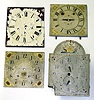 S. Hoadley, Plymouth wooden works movement, plus extra Connecticut painted wood dials. Hoadley tall clock movement has faded and damaged dial, missing rear count wheel and a few other parts. Other dials restorable or useful as is.
